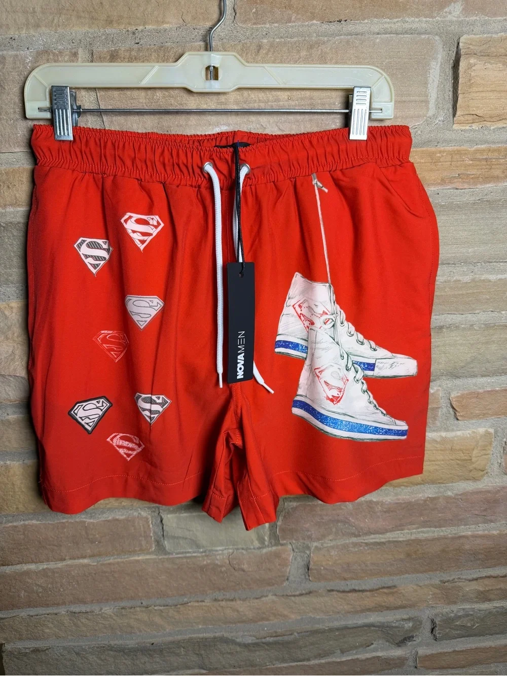 New Superman Swim Shorts with Graphic Sneaker Print. Fashion Nova Sz Sm